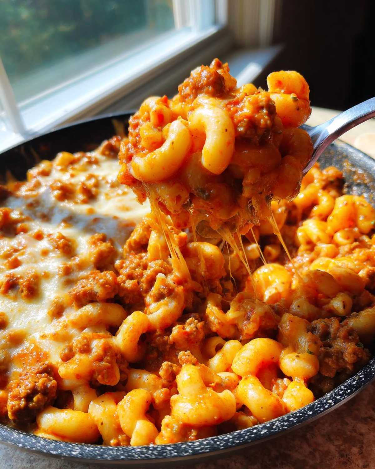 A spoonful of cheesy taco pasta lifted from the skillet showing a dramatic cheese pull.