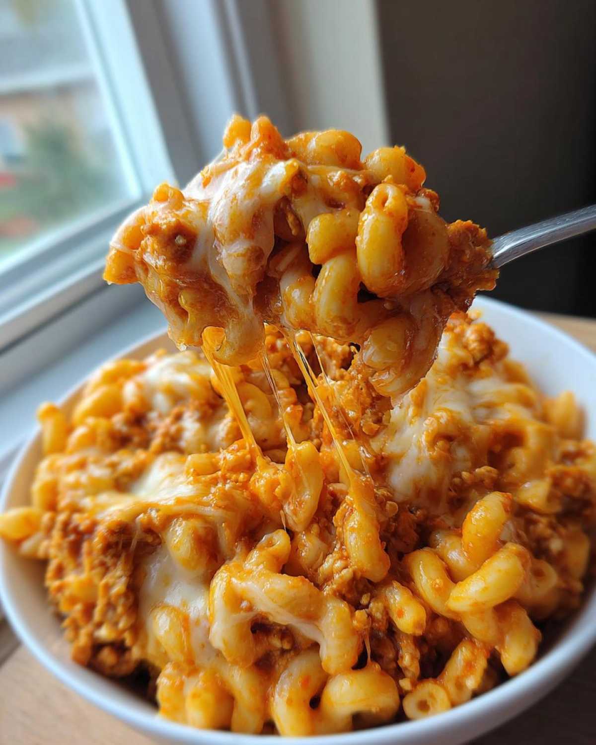A spoonful of cheesy taco pasta showing a dramatic cheese pull over a bowl of the saucy macaroni dish.