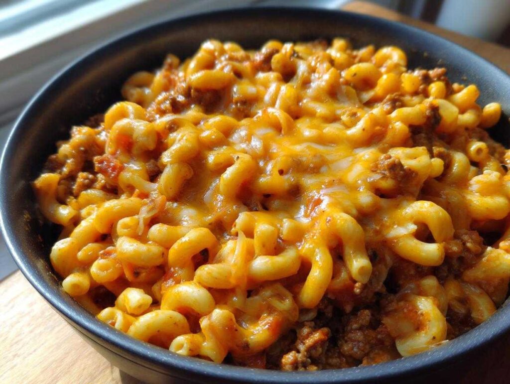 A close-up view of a dark bowl filled with cheesy taco pasta, featuring elbow macaroni mixed with seasoned ground beef and topped with melted cheddar cheese.