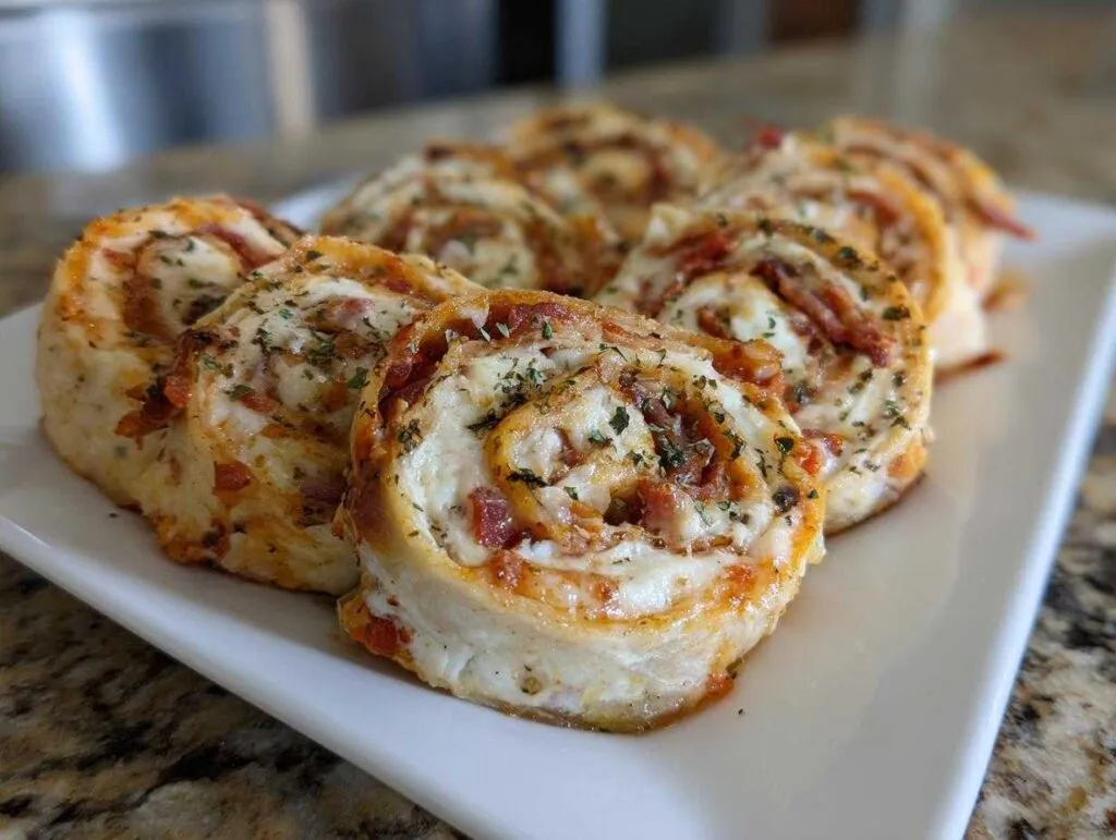 Close-up of baked, cheesy taco pinwheels sprinkled with herbs, served on a white rectangular platter.