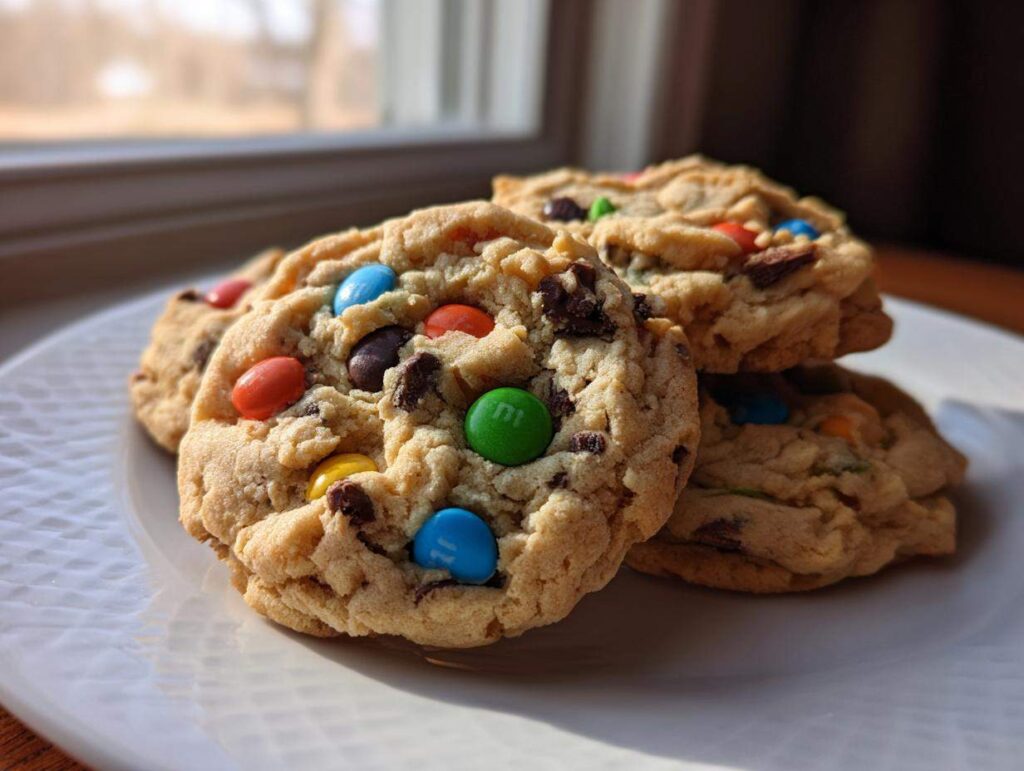 A stack of freshly baked, chewy M&M cookies loaded with colorful candies and chocolate chips.