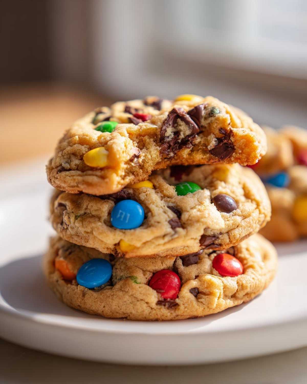 A stack of three soft, chewy M&M cookies loaded with colorful candies and chocolate chunks.