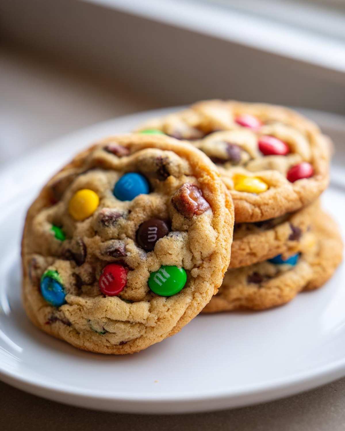A close-up of a stack of freshly baked, soft M&M cookies featuring colorful candies on a white plate.