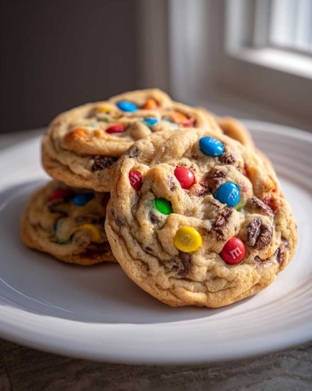 Three freshly baked, thick M&M cookies stacked on a white plate, showcasing colorful candy pieces.