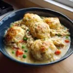 A close-up of creamy chicken and dumplings with biscuits, garnished with parsley, served in a dark blue bowl.