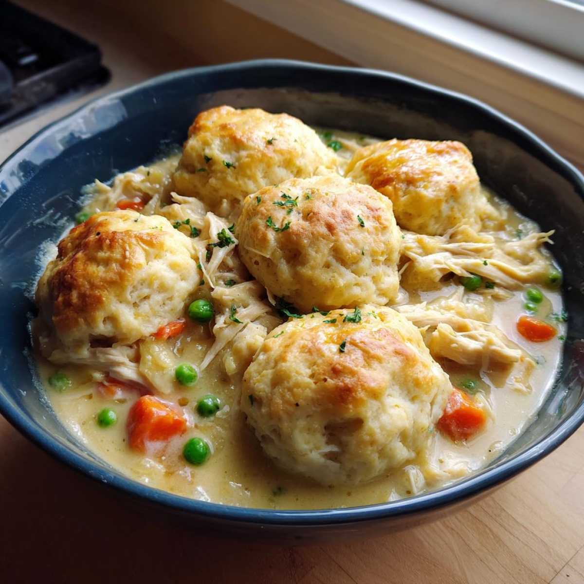 A close-up of creamy chicken and dumplings with biscuits, garnished with parsley, served in a dark blue bowl.