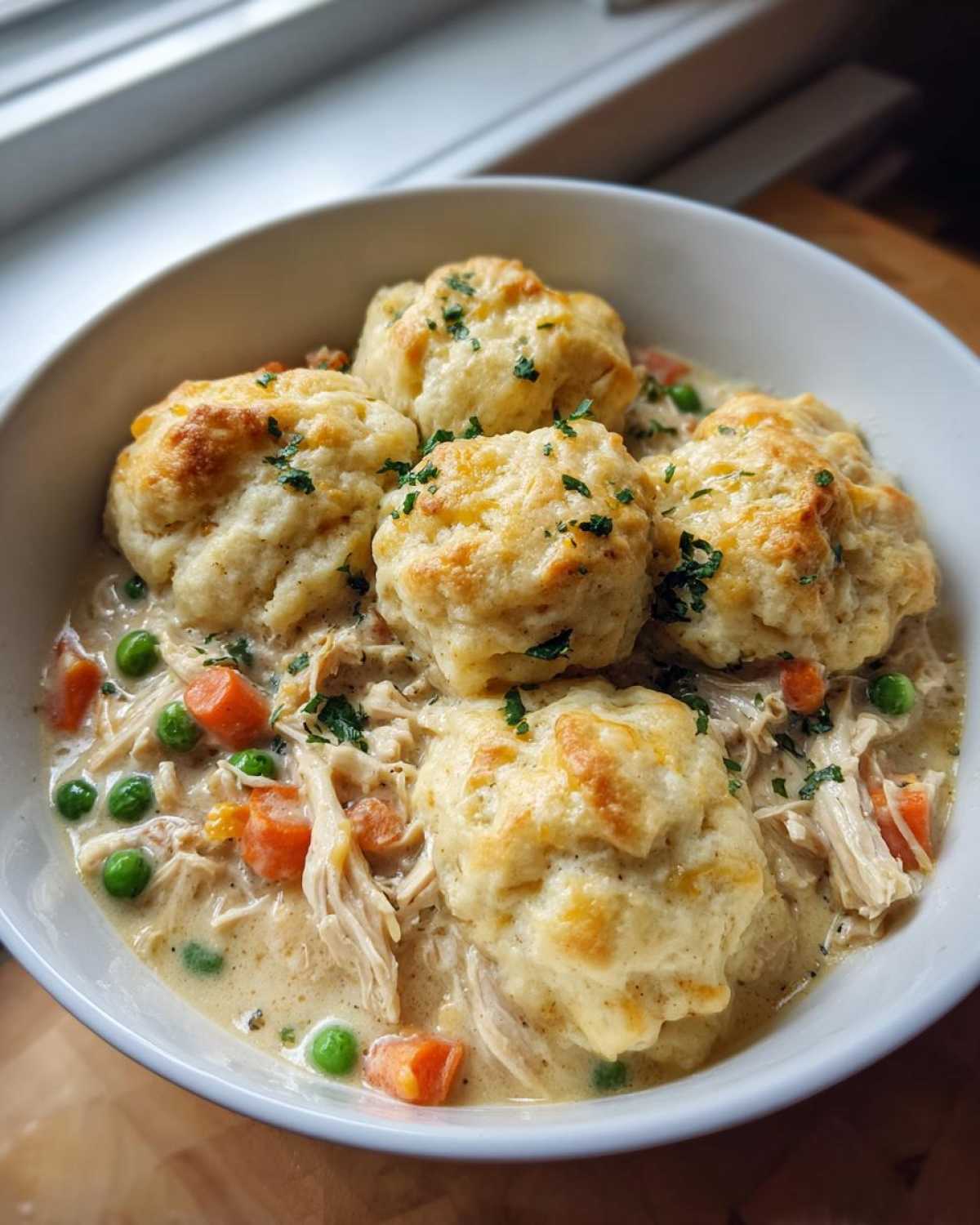 A white bowl filled with creamy chicken and dumplings with biscuits, carrots, and peas.