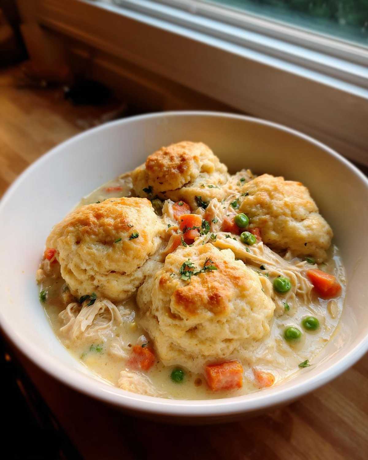 A white bowl filled with rich chicken and dumplings with biscuits, carrots, and peas.