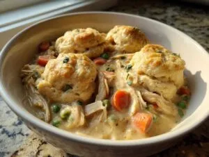 A close-up of creamy chicken and dumplings with biscuits, carrots, and peas, garnished with parsley.