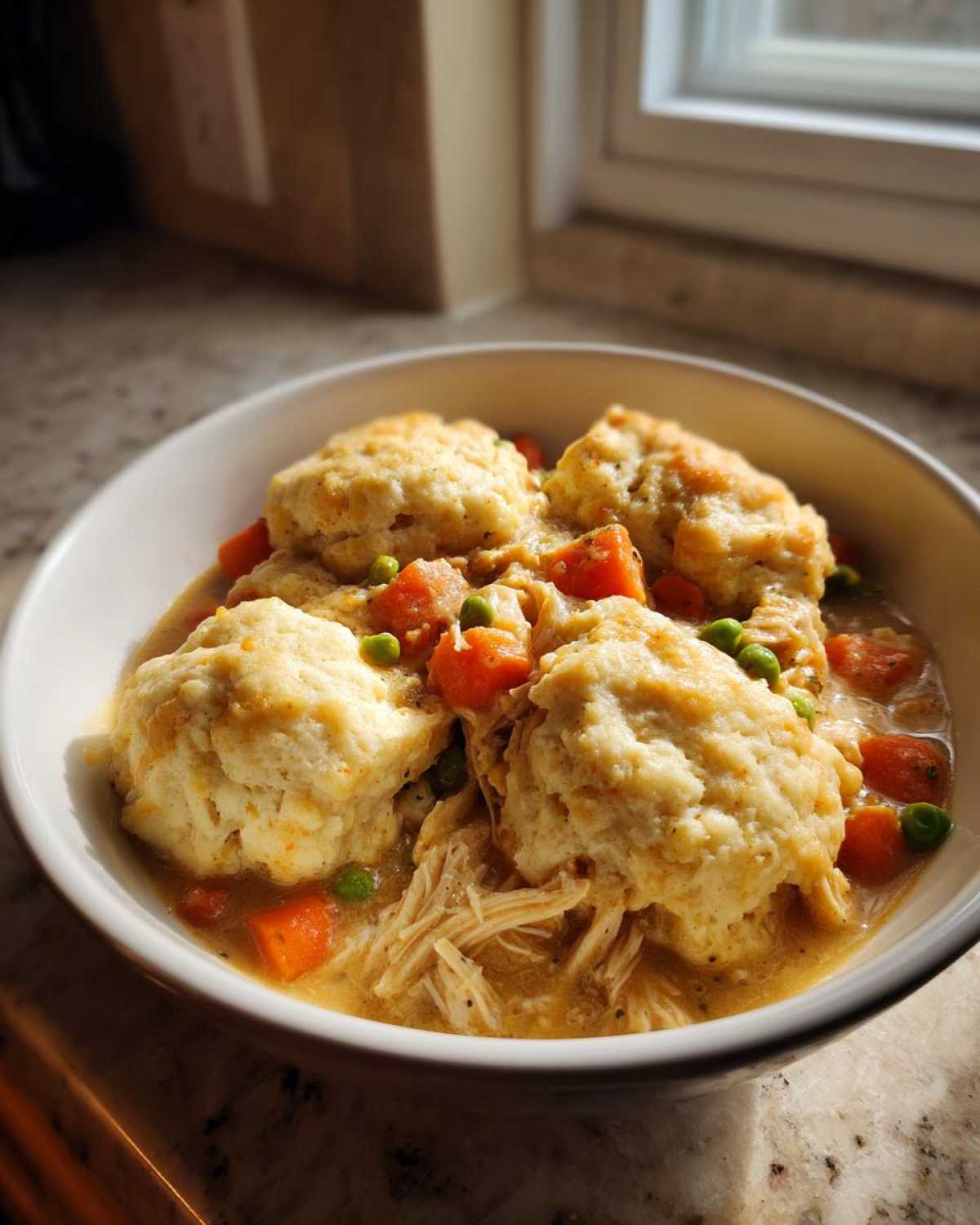 A close-up of a bowl of chicken and dumplings with biscuits, featuring shredded chicken, carrots, and peas in a creamy sauce.
