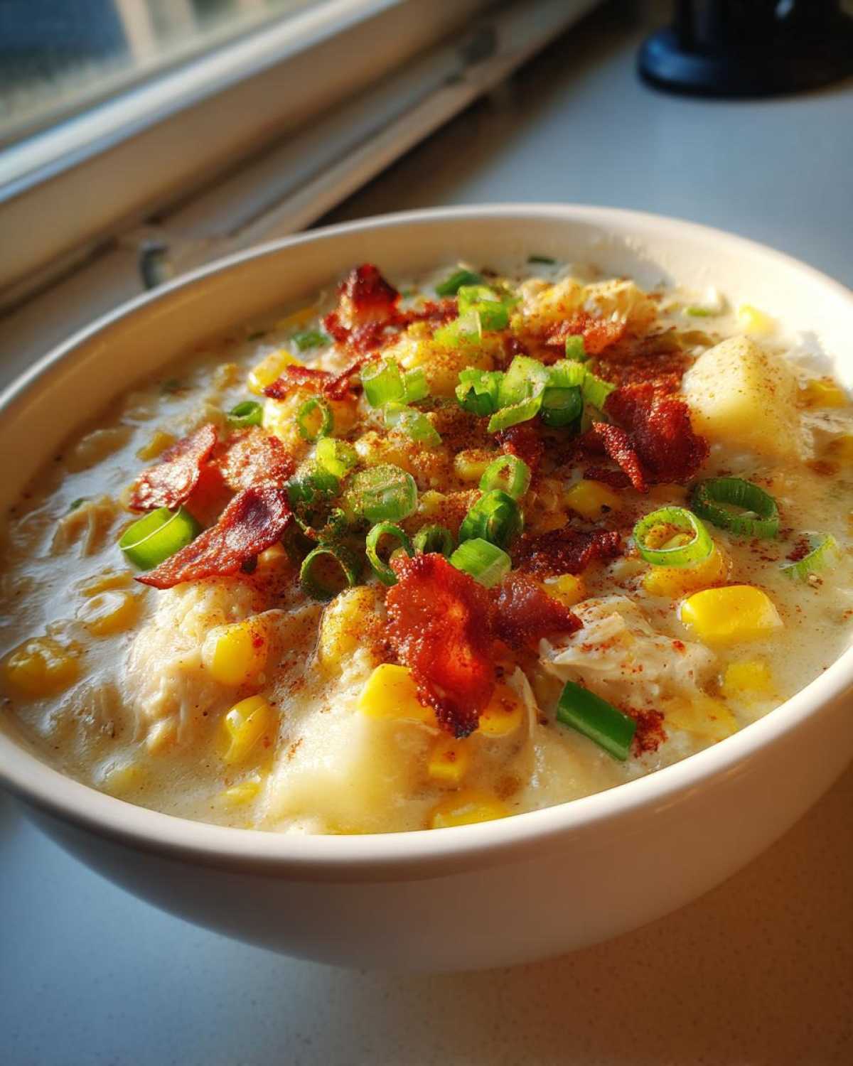 A close-up of a bowl of creamy chicken corn chowder topped with crumbled bacon and green onions.