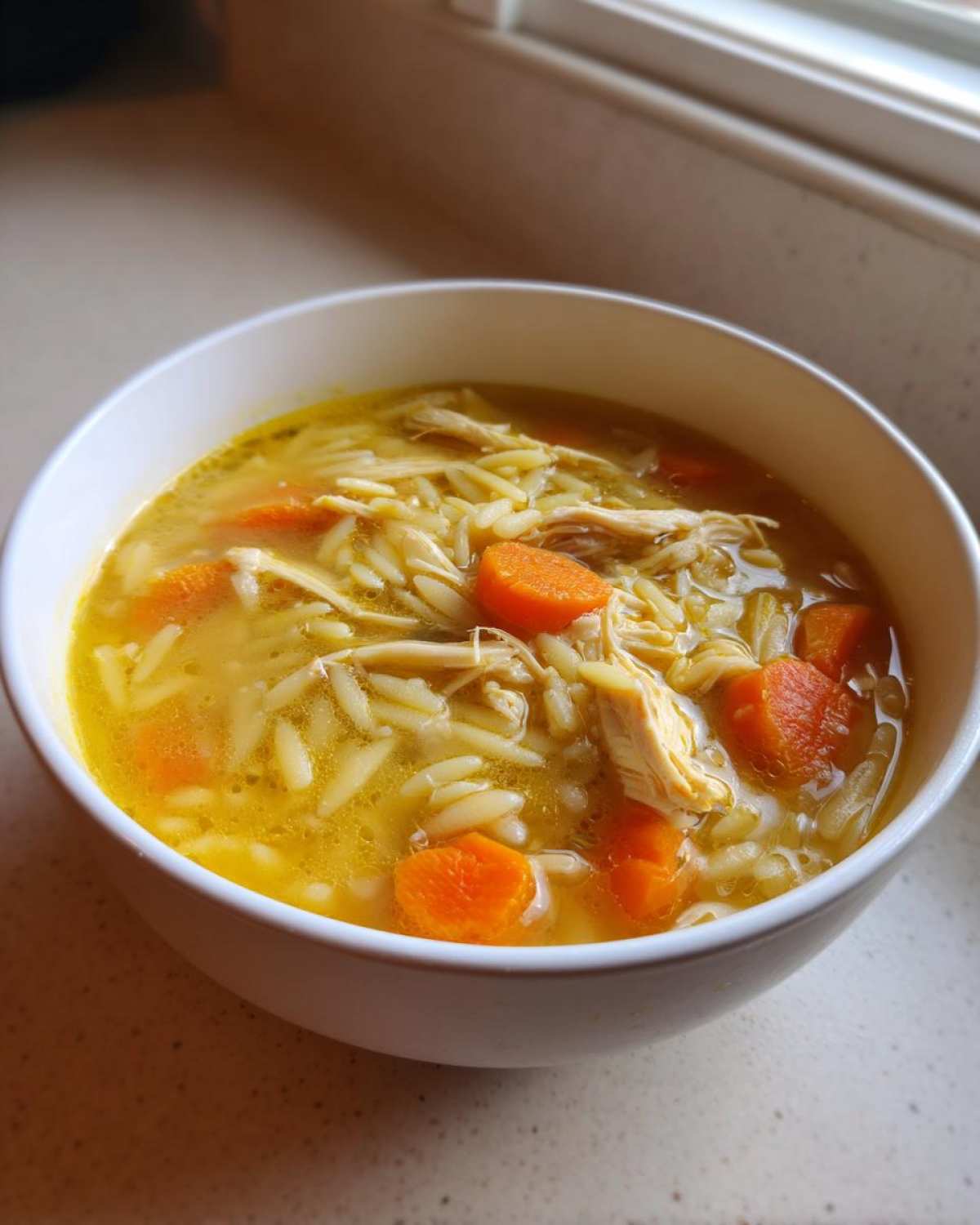 A close-up of a white bowl filled with warm chicken orzo soup, featuring shredded chicken, pasta, and bright orange carrots.