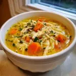 Close-up of a white bowl filled with golden chicken orzo soup, featuring shredded chicken, bright orange carrots, and parsley garnish.