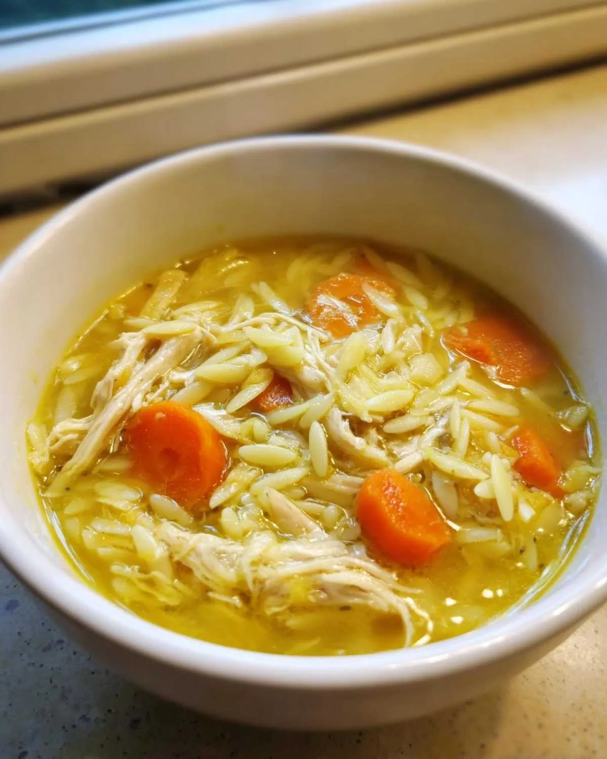 Close-up of a white bowl filled with golden broth, shredded chicken, orzo pasta, and bright orange carrot slices in chicken orzo soup.