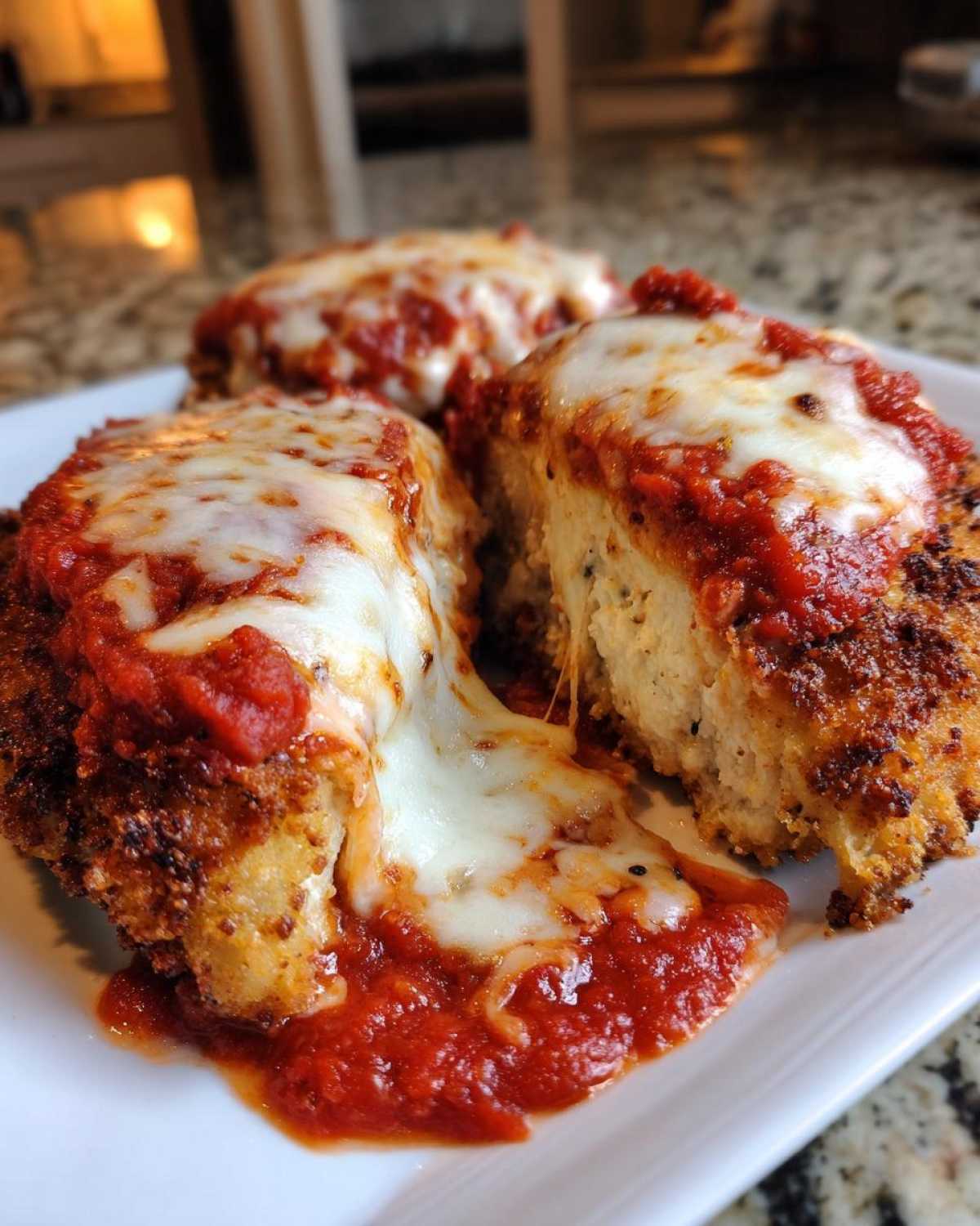 Close-up of a serving of chicken parmesan recipe showing melted mozzarella cheese stretching as one piece is cut open.