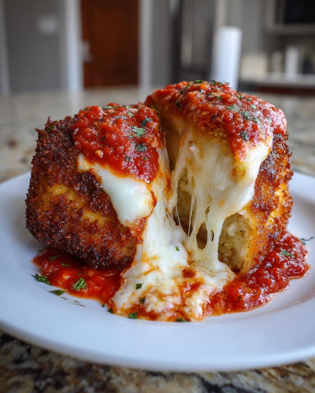 Close-up of a stuffed chicken parmesan recipe item cut open showing melted, stringy mozzarella cheese and marinara sauce.