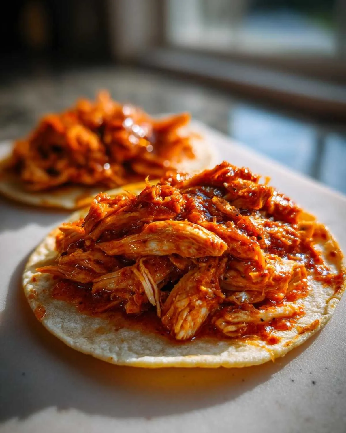 Close-up of shredded chicken tinga piled high on a small corn tortilla, glistening with sauce.