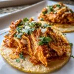 Two delicious chicken tinga tacos served on corn tortillas, topped with fresh cilantro and diced white onion.