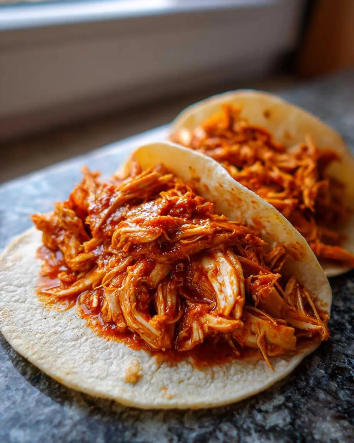 Close-up of two soft tortillas generously filled with saucy, shredded chicken tinga.