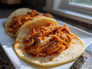 Close-up of two corn tortillas filled generously with saucy, shredded chicken tinga, served on a white plate.