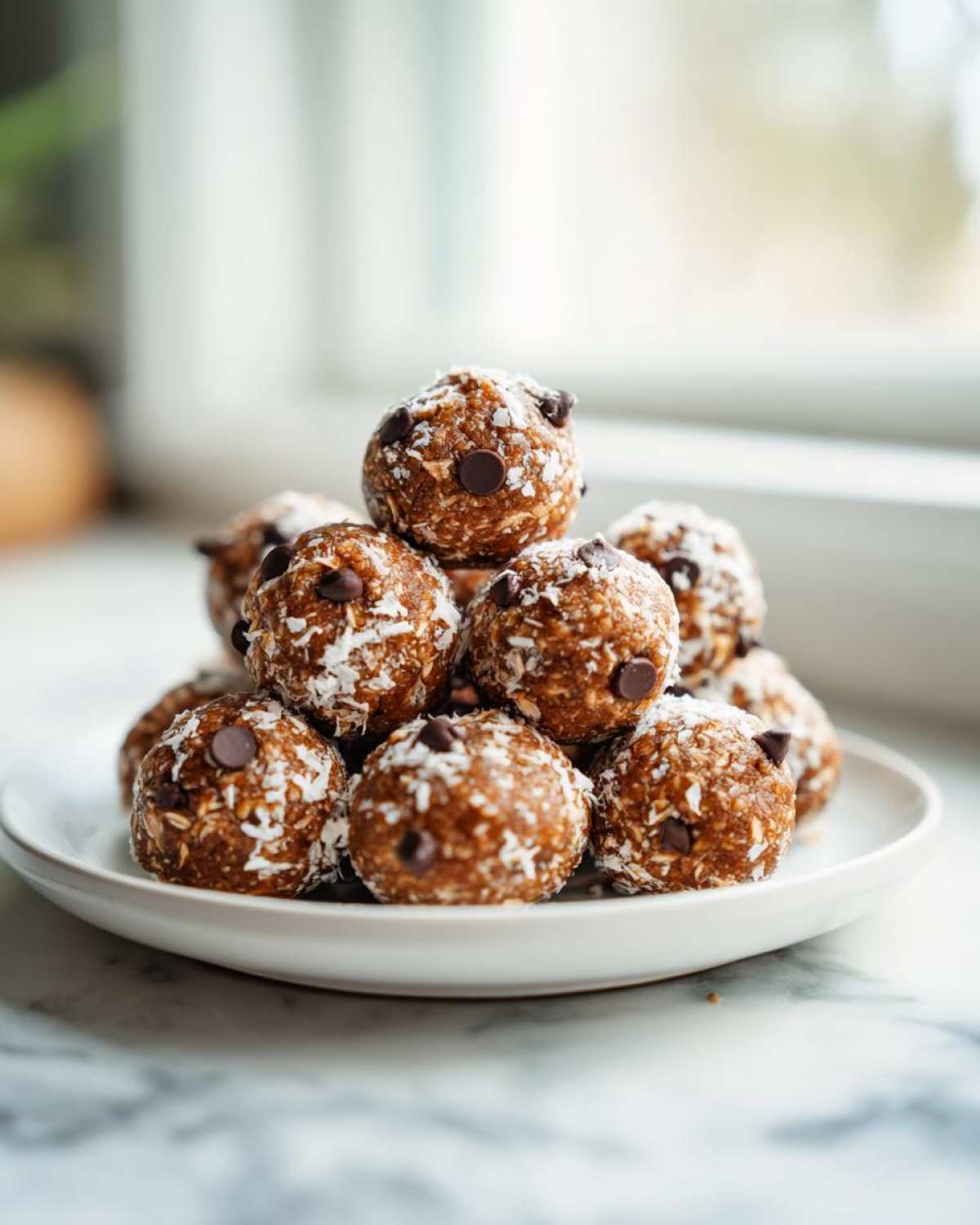 A close-up stack of homemade protein balls, rolled in coconut and studded with chocolate chips.