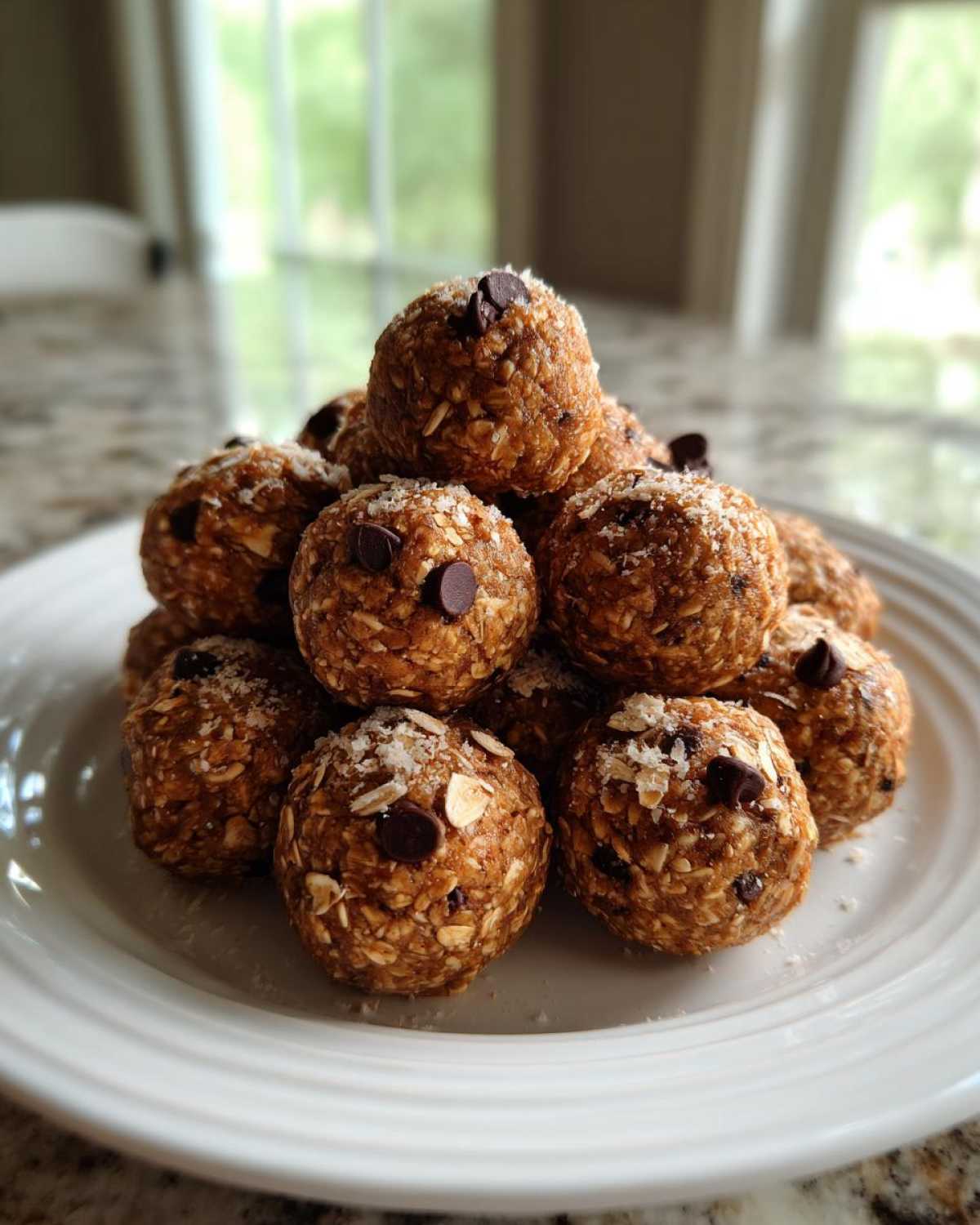 A mound of homemade chocolate chip protein balls stacked on a white plate, ready for a quick snack.