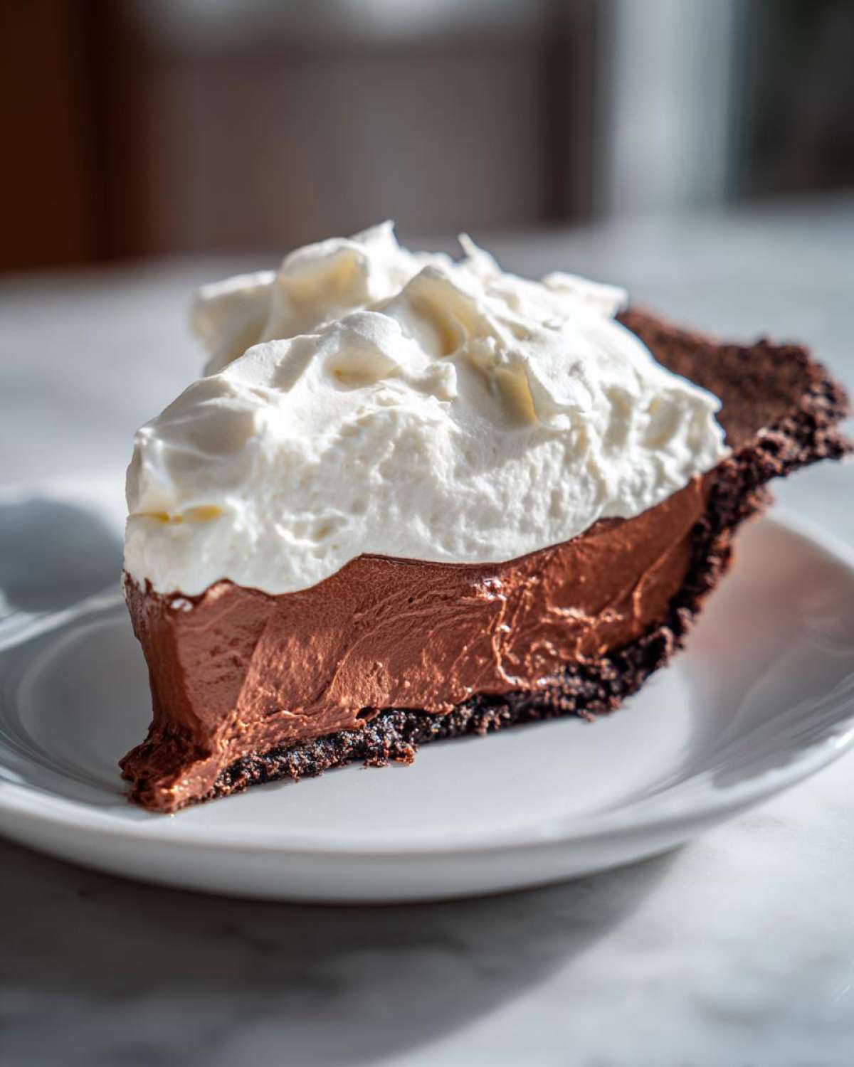 A decadent slice of chocolate cream pie featuring a dark crust, rich chocolate filling, and a generous topping of whipped cream.