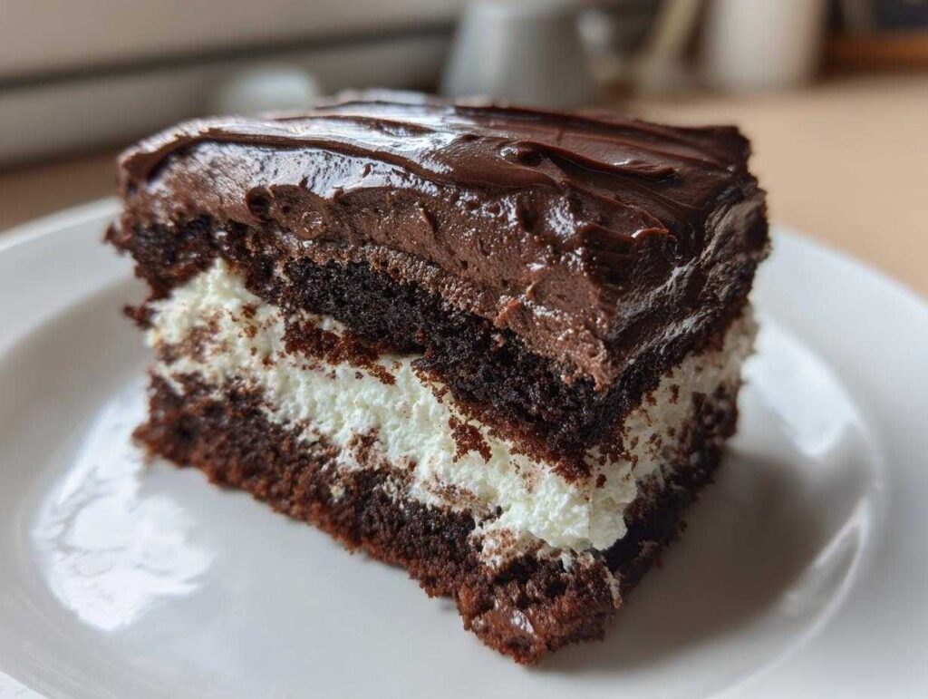 Close-up of a rich slice of chocolate italian love cake layered with white cream filling and topped with chocolate frosting.