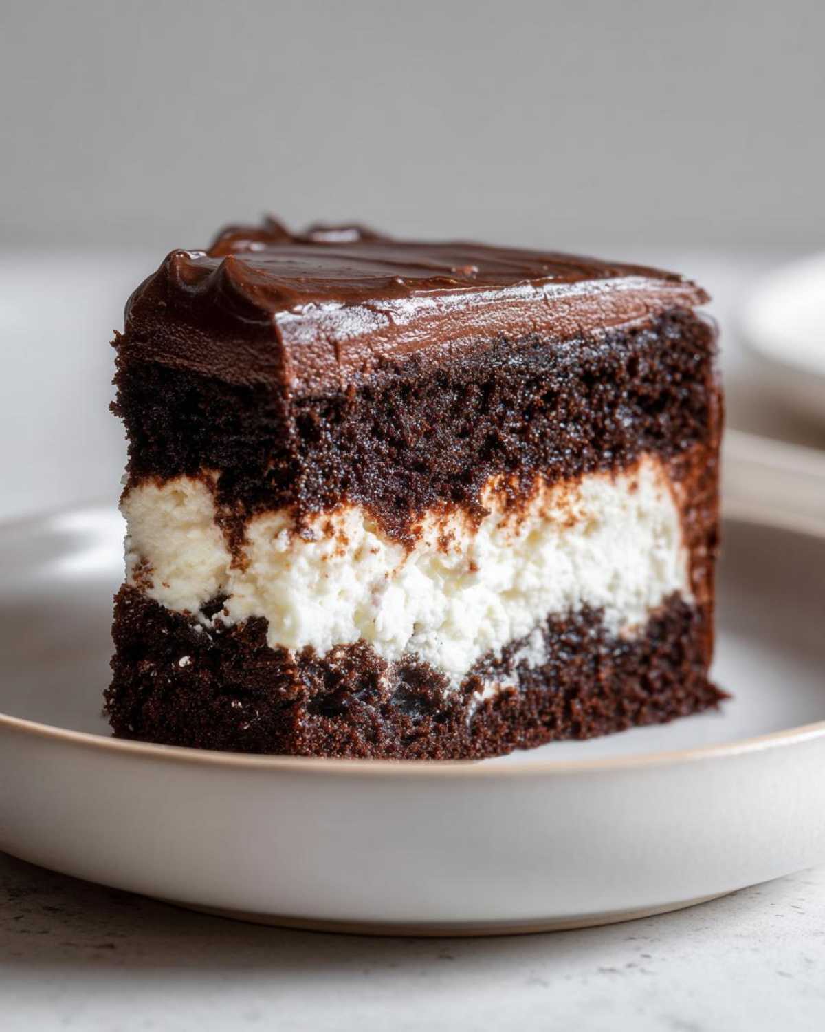 A rich slice of chocolate Italian love cake featuring dark chocolate cake layers and a thick white cream filling.