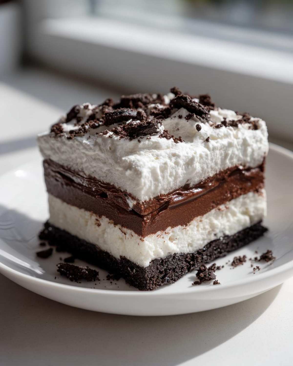 A square slice of rich chocolate lasagna with four distinct layers, topped with whipped cream and cookie crumbs.