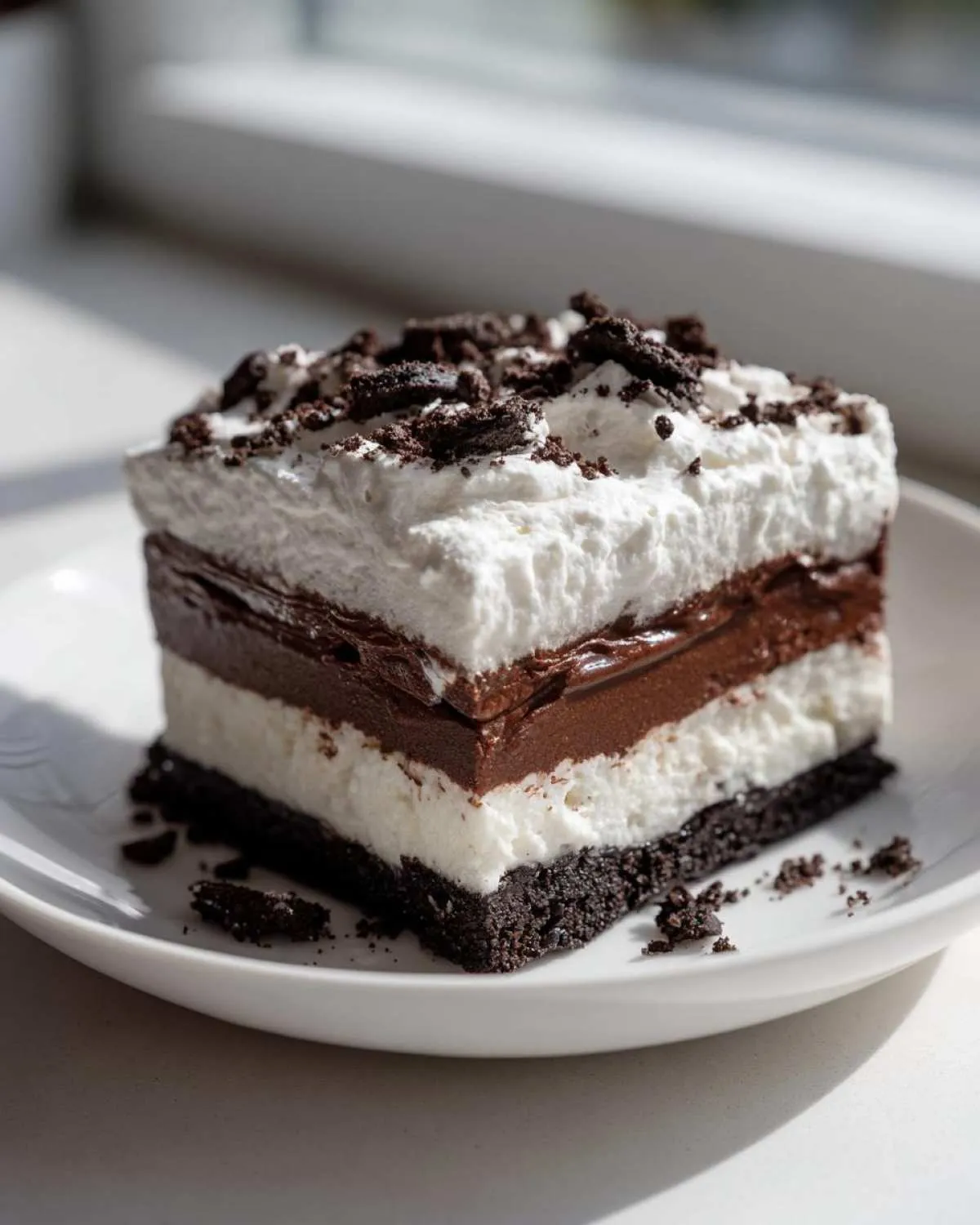 A square slice of rich chocolate lasagna with four distinct layers, topped with whipped cream and cookie crumbs.