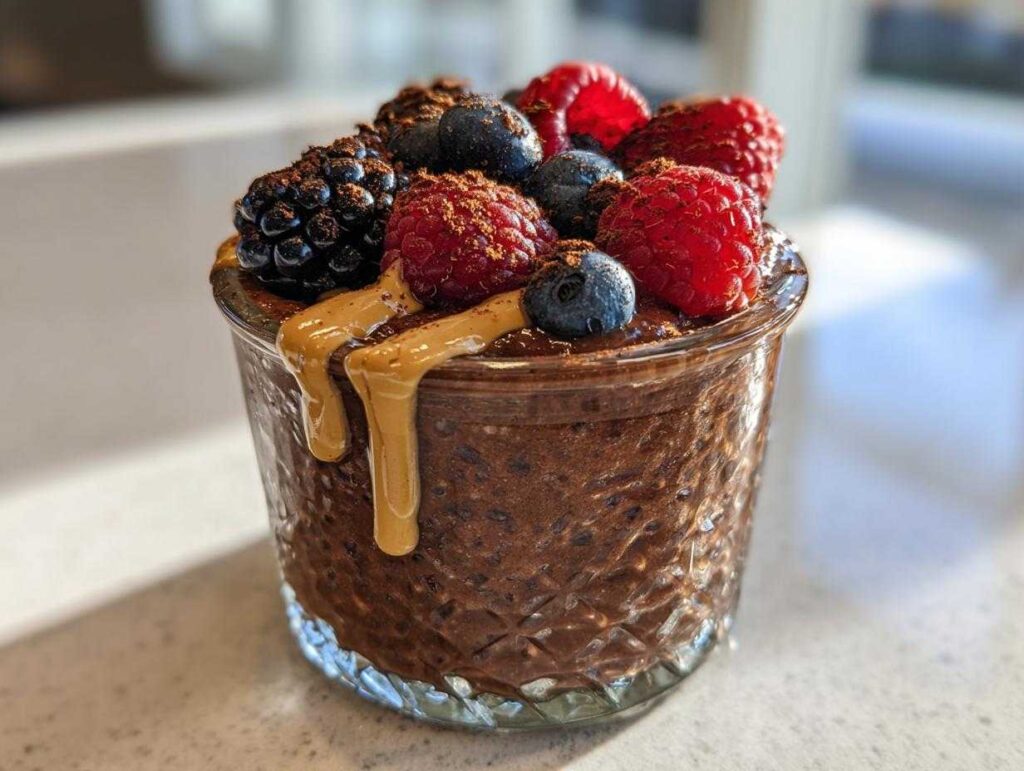 Close-up of chocolate overnight oats topped with fresh raspberries, blueberries, blackberries, and drizzled peanut butter.