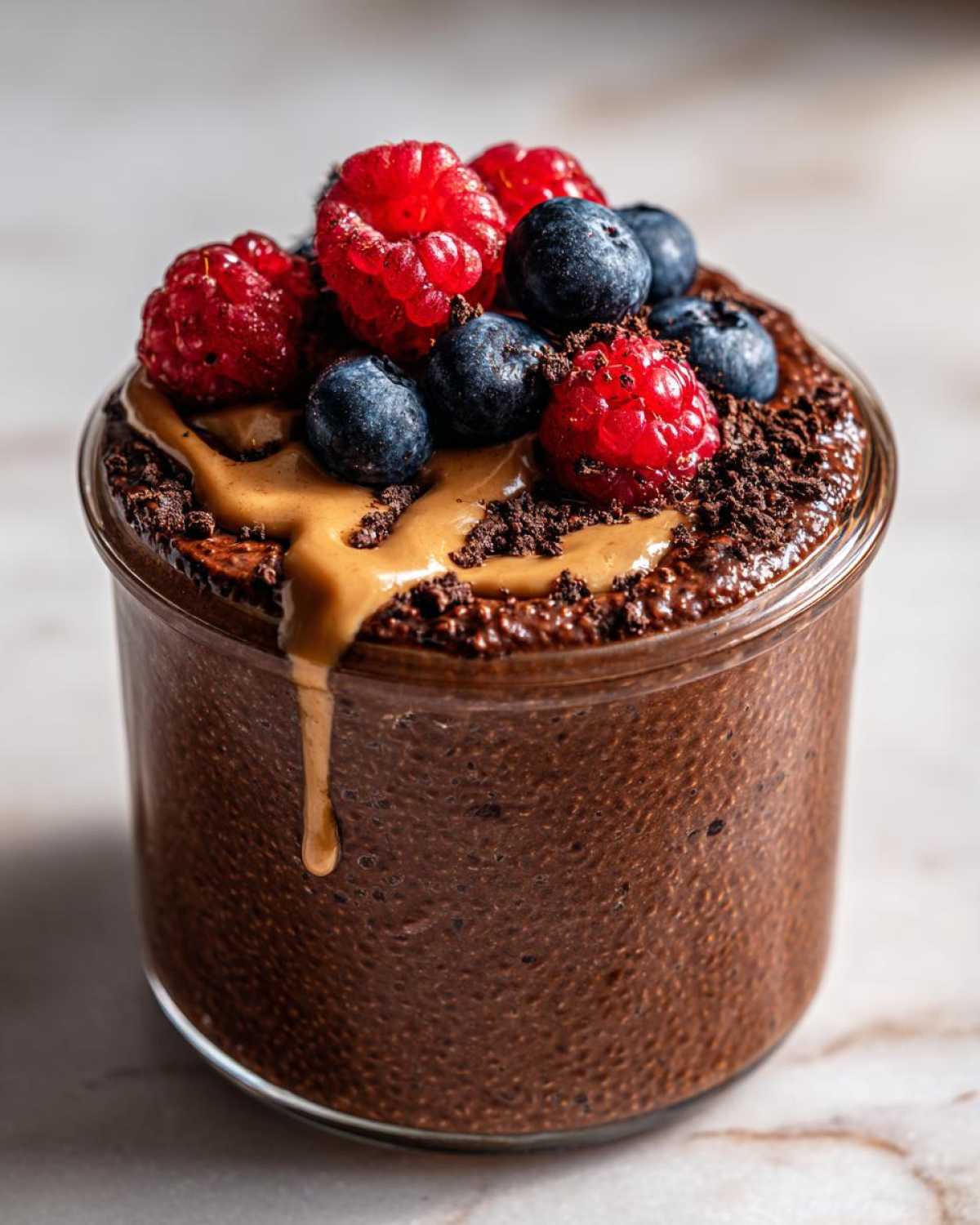 Close-up of chocolate overnight oats topped with fresh raspberries, blueberries, peanut butter drizzle, and chocolate crumbs.