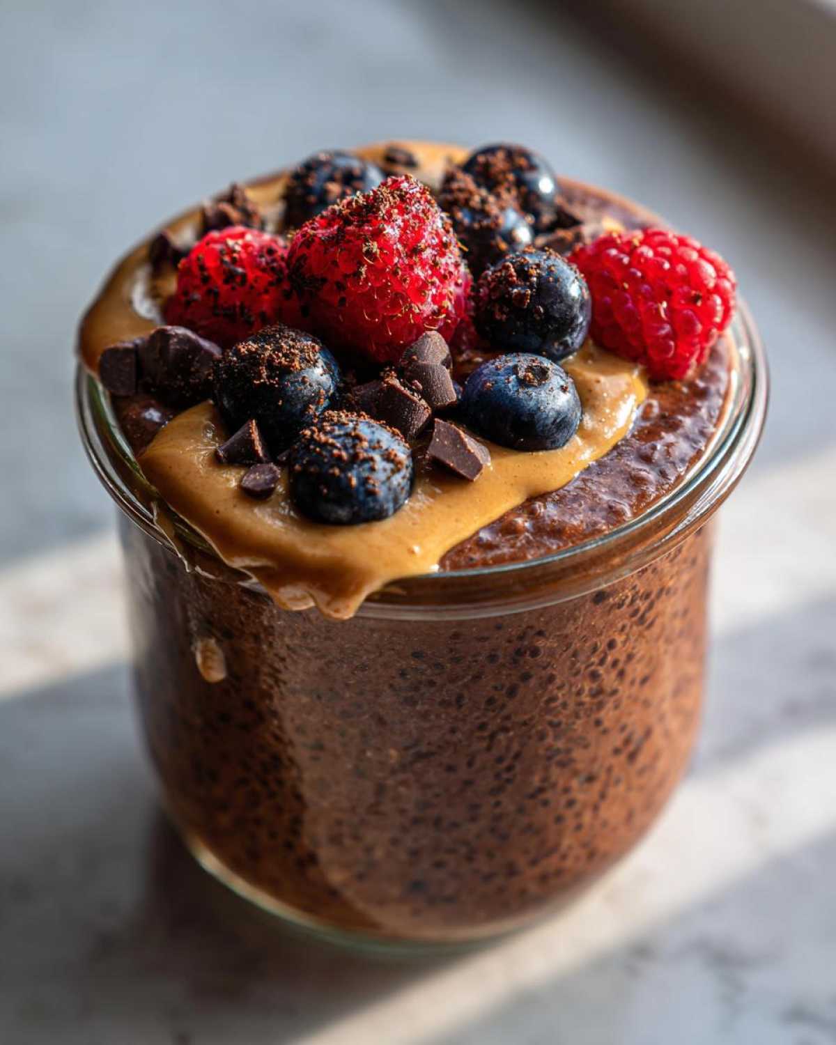 Close-up of chocolate overnight oats topped with peanut butter, fresh raspberries, and blueberries.