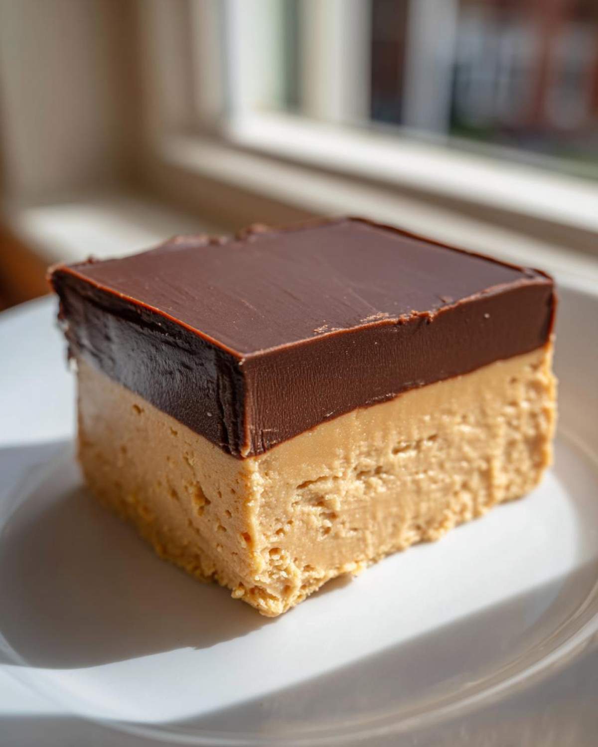 A thick, square slice of chocolate peanut butter fudge with a creamy peanut butter base and a smooth chocolate ganache topping.