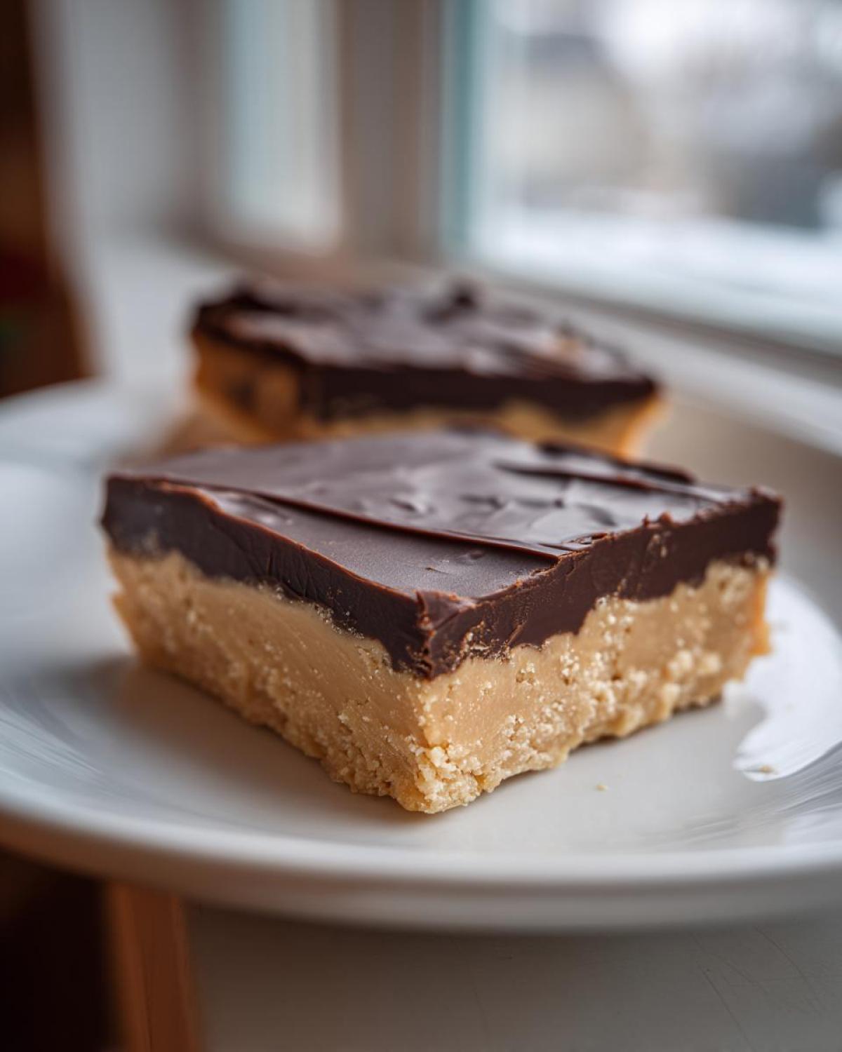 Close-up of a square slice of chocolate peanut butter fudge with a thick, smooth chocolate ganache topping.