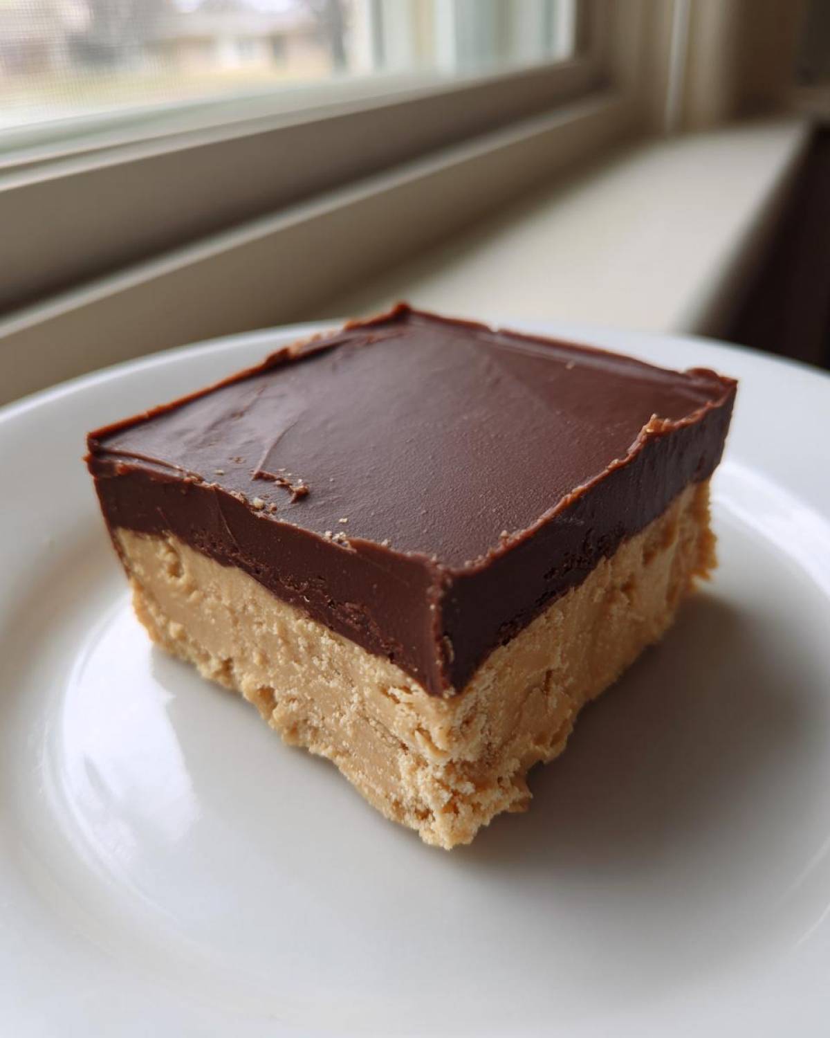 A single square of rich chocolate peanut butter fudge with a thick peanut butter base and chocolate topping.