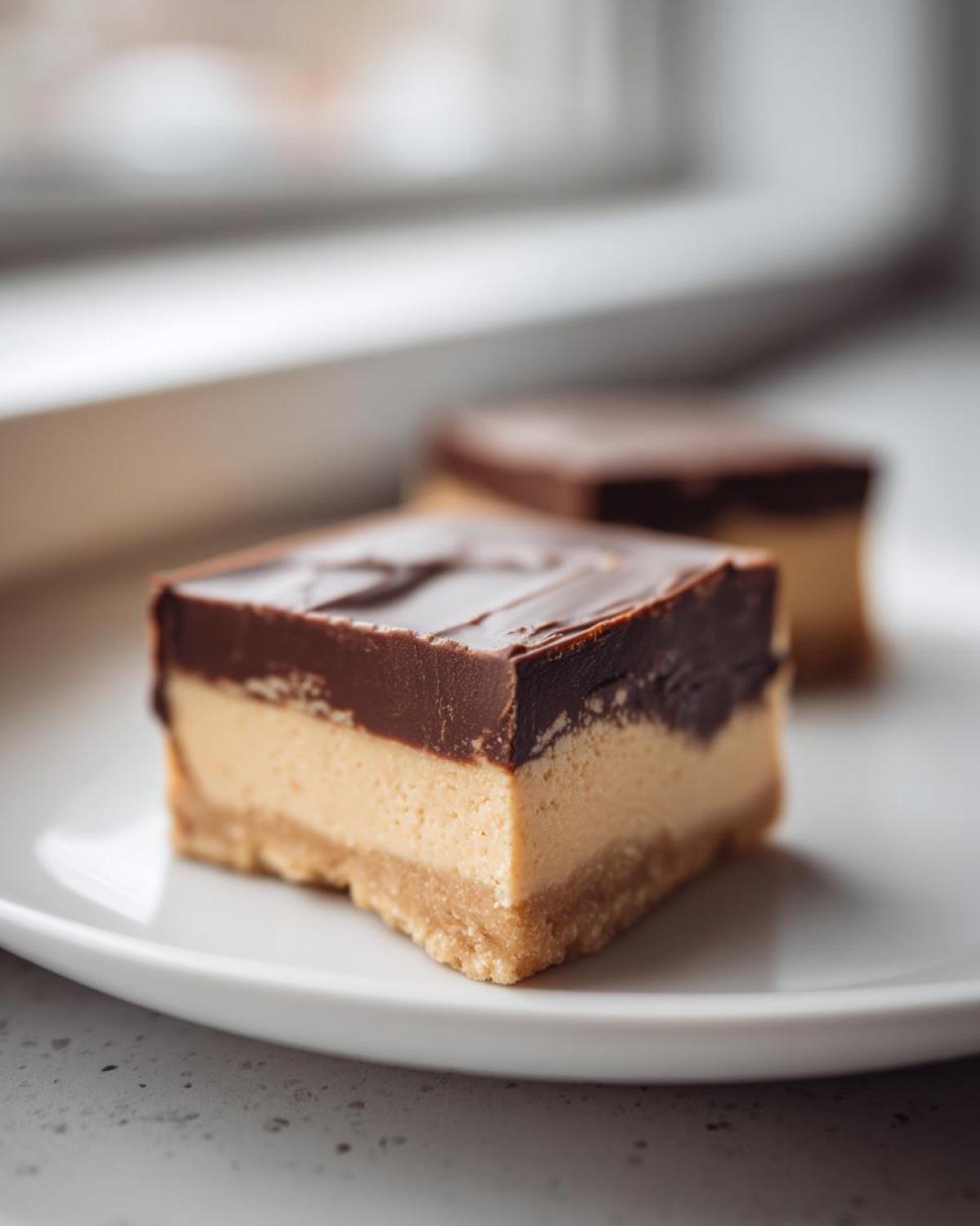 A square piece of chocolate peanut butter fudge with a thick chocolate topping sitting on a white plate.