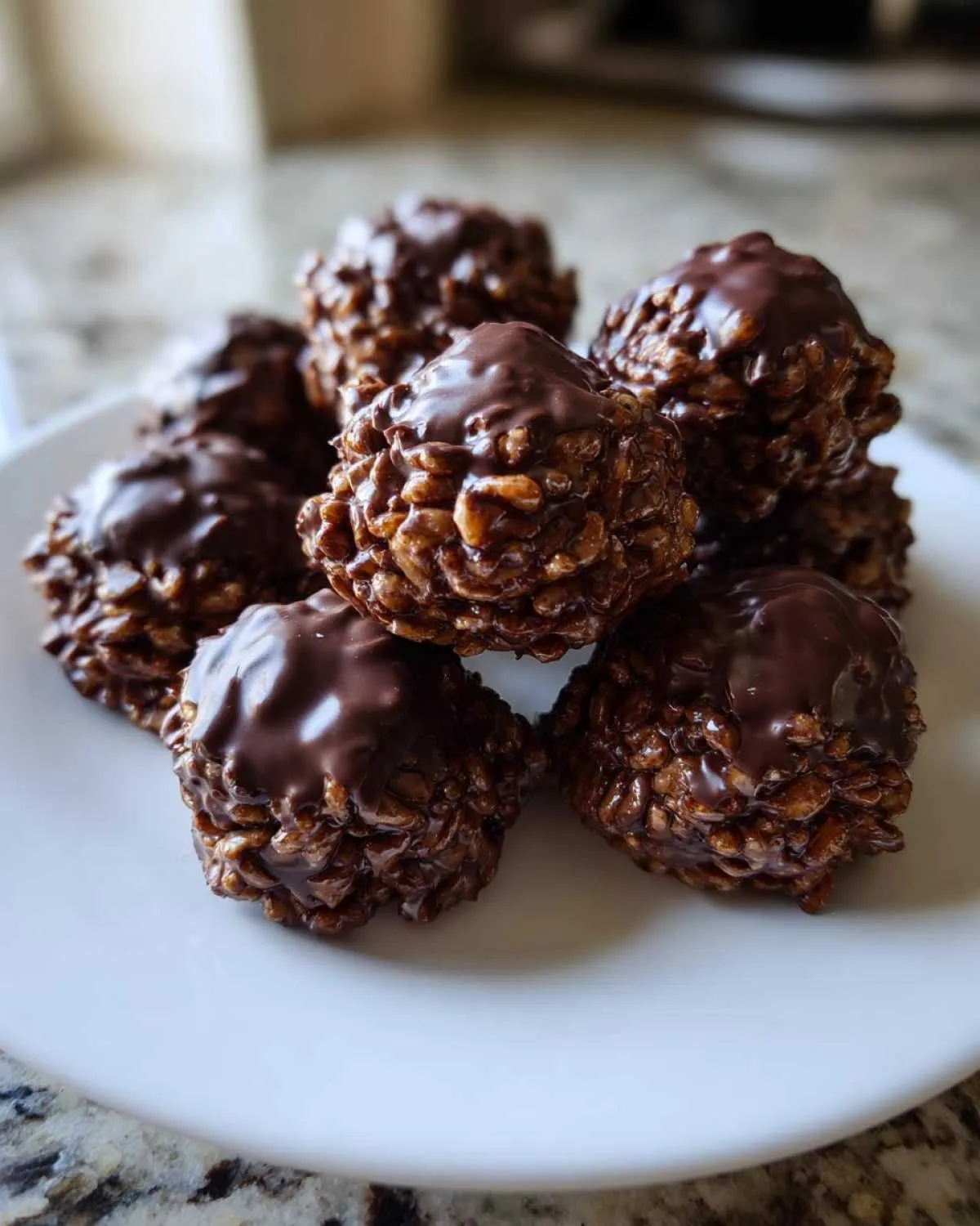 A pile of glossy, homemade chocolate rice krispie balls drizzled with extra melted chocolate, served on a white plate.