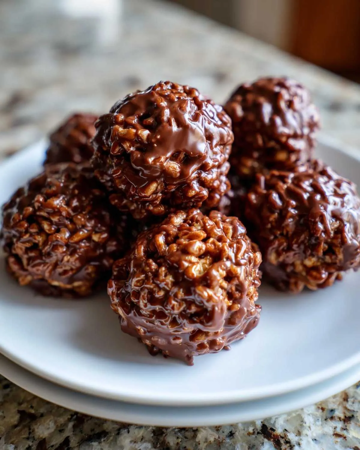 Close-up of several gooey chocolate rice krispie balls stacked on a white plate.