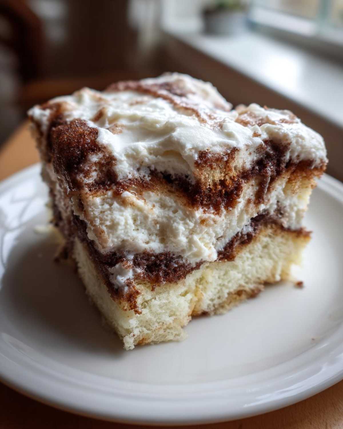 A close-up of a thick slice of cinnamon roll cake with layers of light cake, cinnamon swirl, and thick cream cheese frosting.