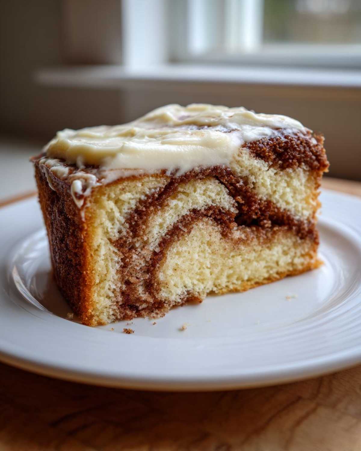 A close-up of a moist slice of cinnamon roll cake with visible cinnamon swirls and cream cheese frosting.