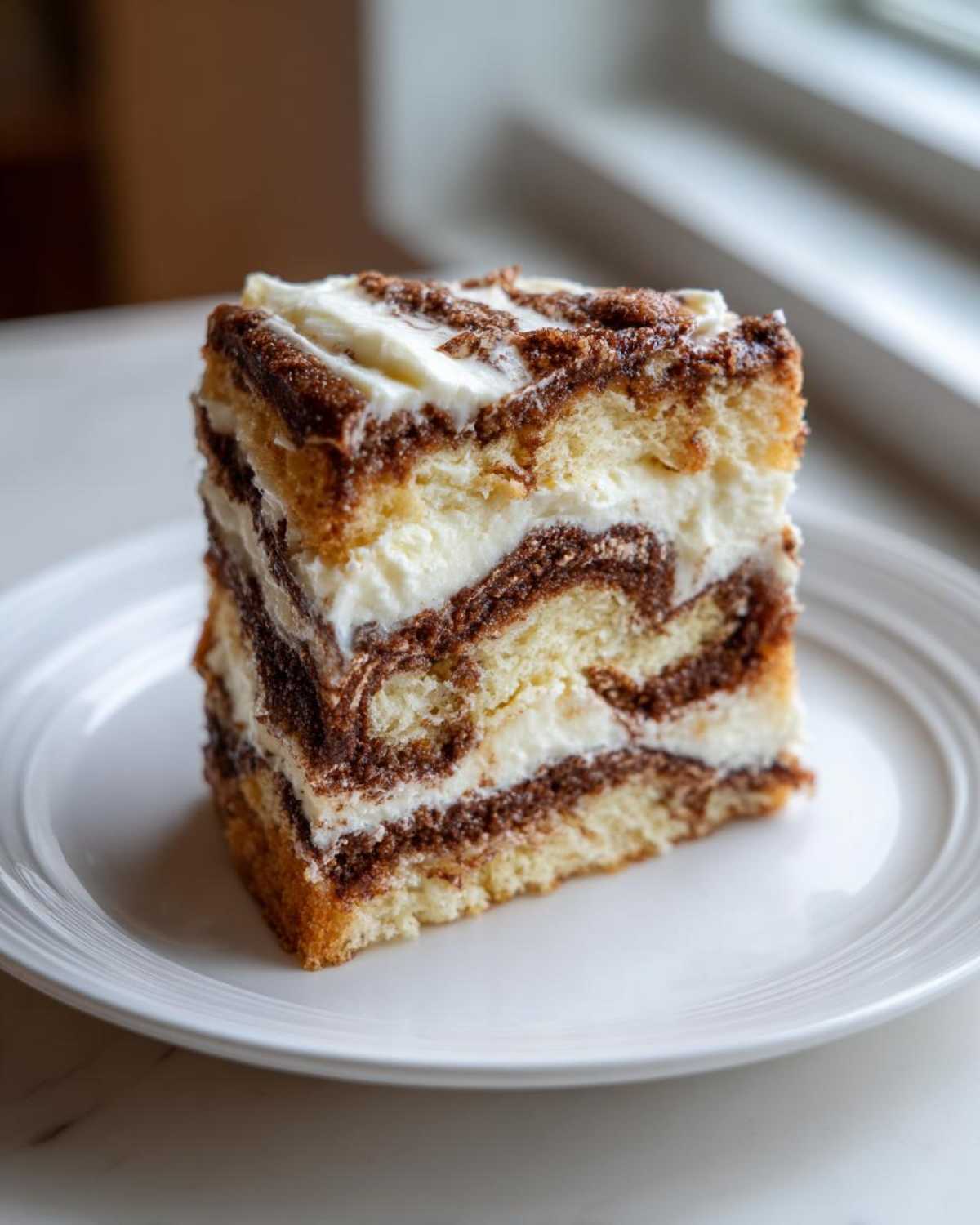 A tall slice of cinnamon roll cake showing layers of vanilla cake, cinnamon swirl, and cream cheese frosting.