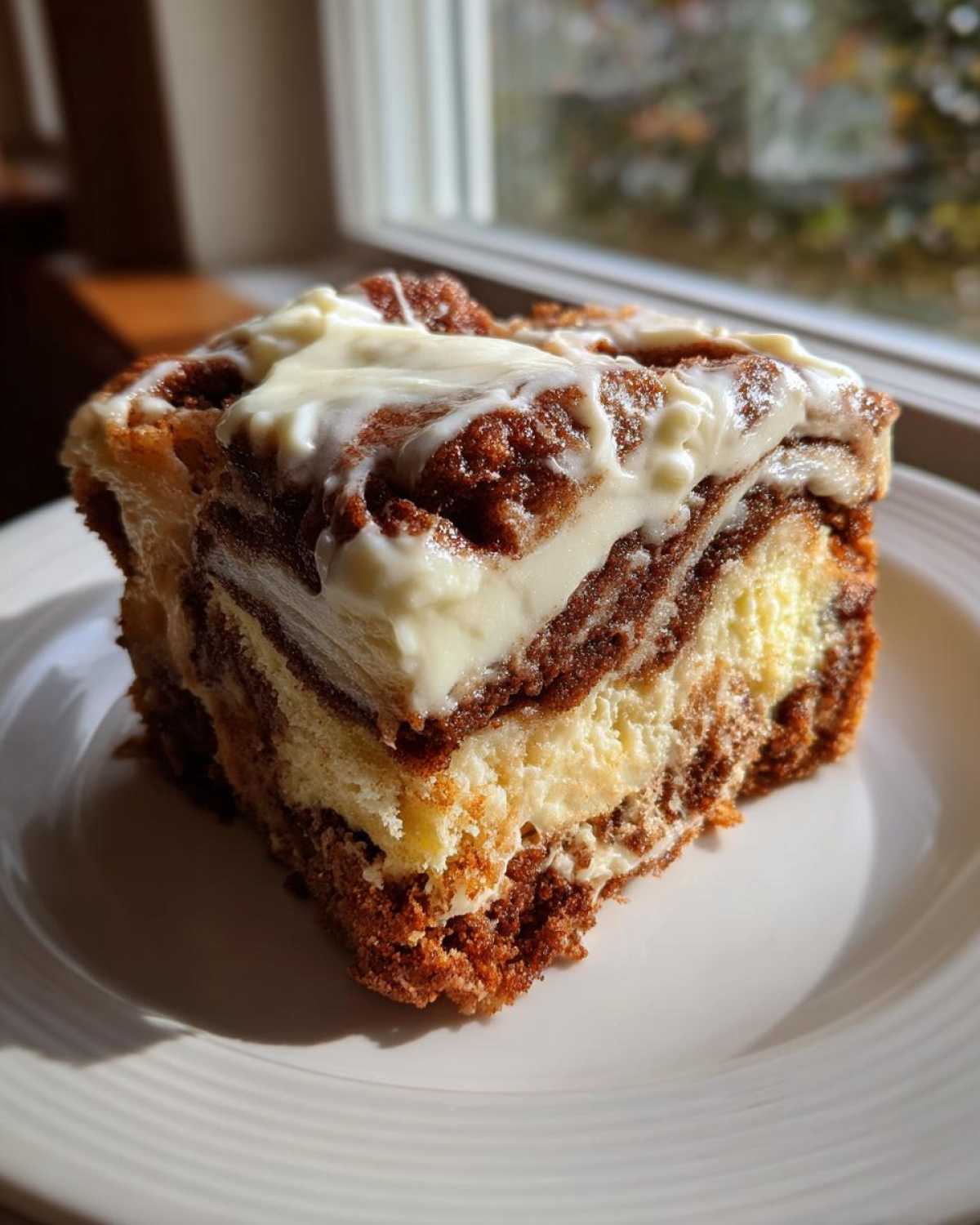 A close-up of a rich slice of cinnamon roll cake with marbled layers and thick cream cheese frosting.