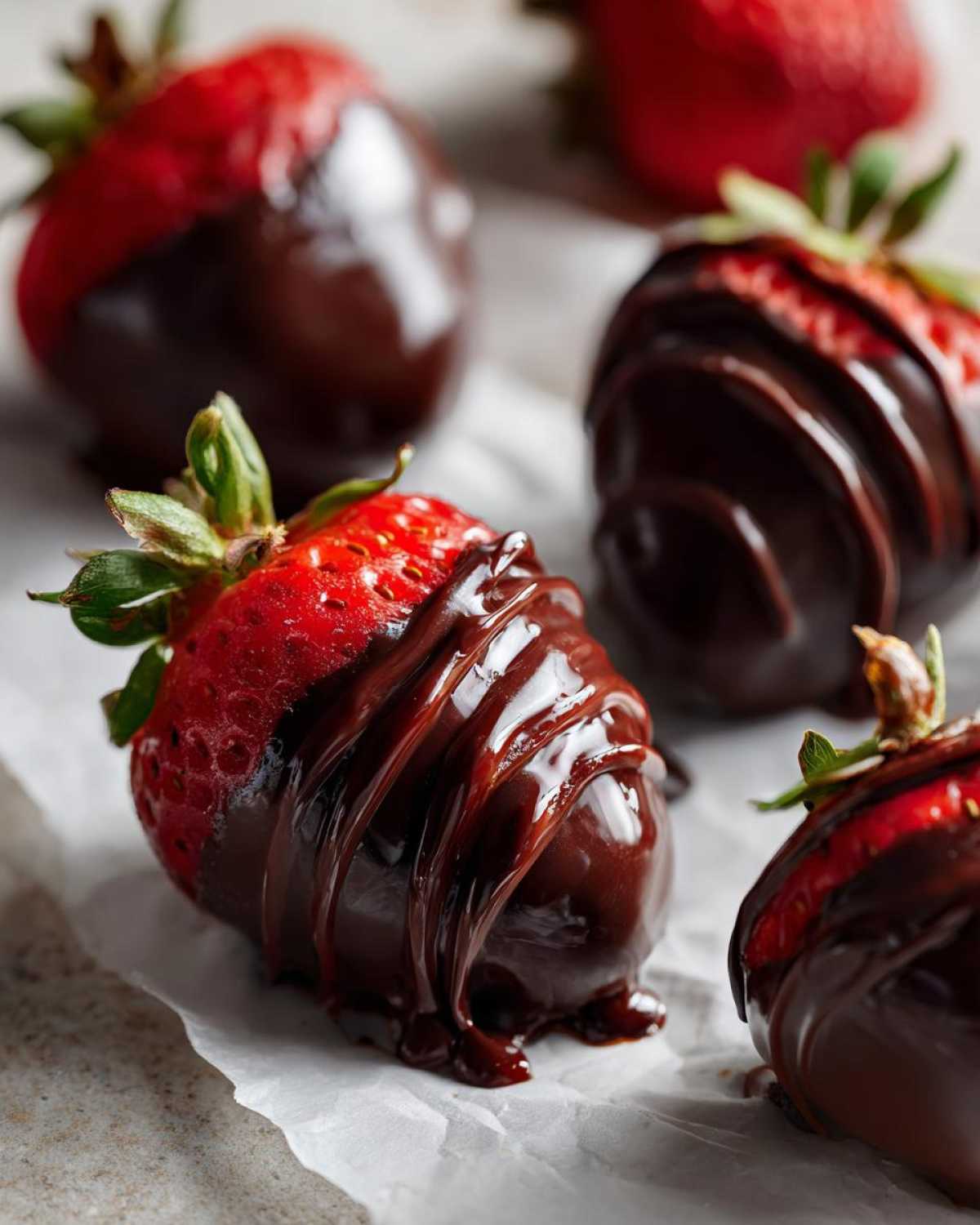 Close-up of fresh chocolate covered strawberries, one prominently drizzled with melted dark chocolate.