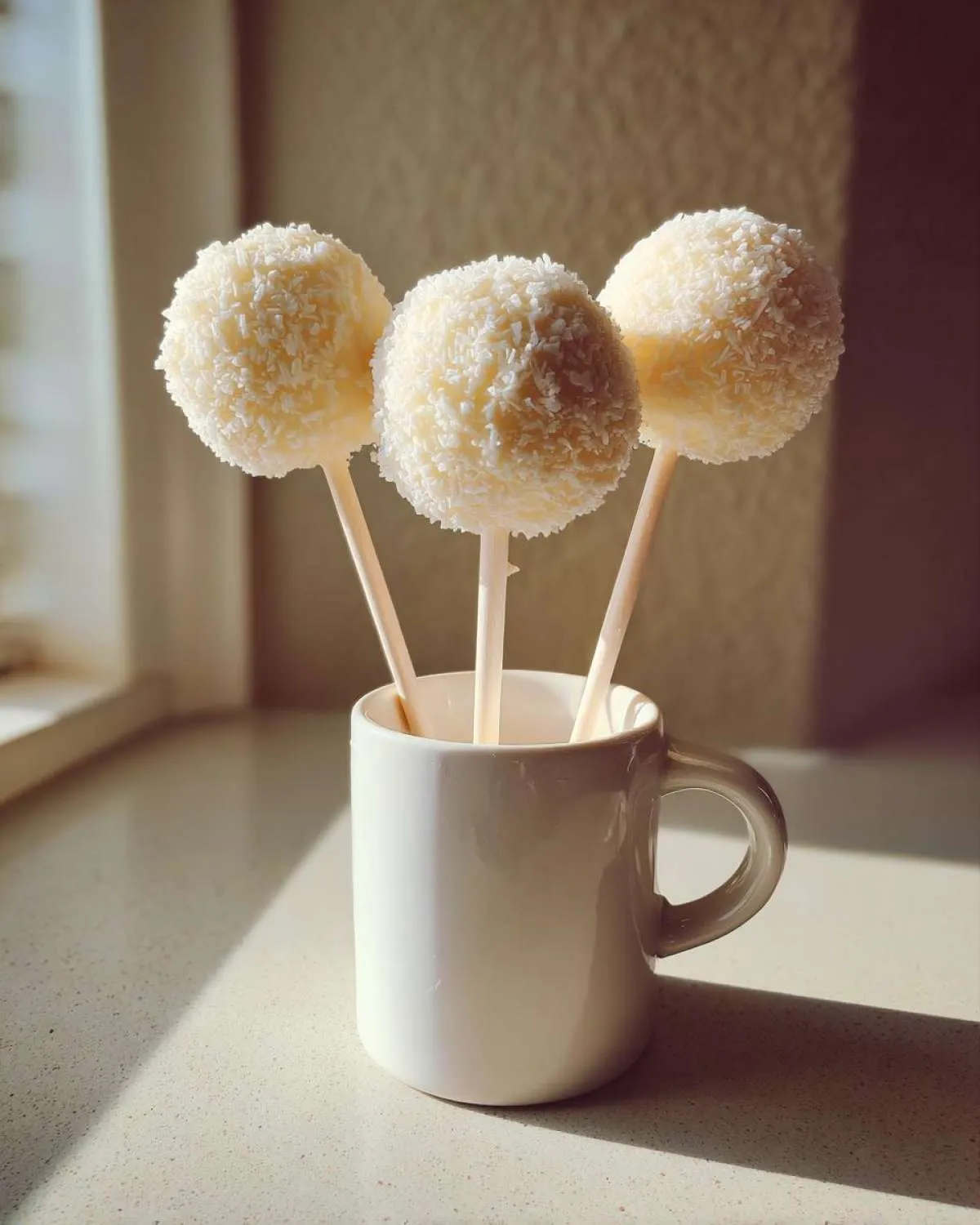 Three white, coconut-covered cake pops standing upright in a white mug on a sunny countertop.