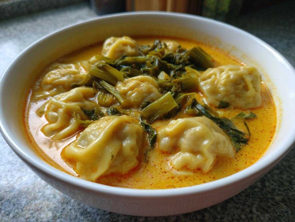 Close-up of a white bowl filled with rich, orange coconut curry soup with dumplings and green leafy vegetables.