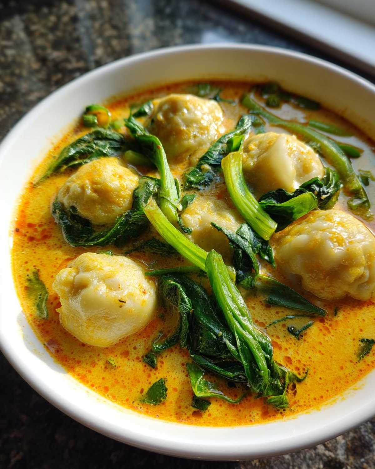 Close-up of a bowl of vibrant coconut curry soup with dumplings and wilted green vegetables.