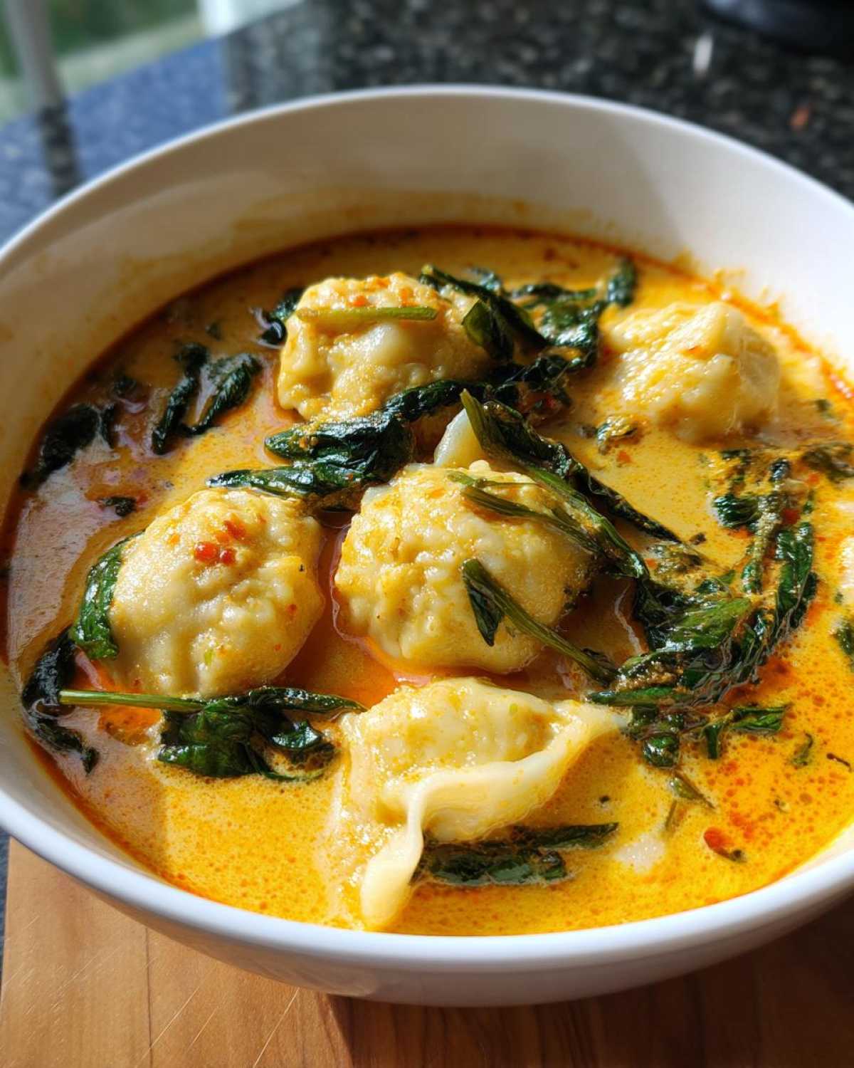 Close-up of a white bowl filled with rich, yellow coconut curry soup with dumplings and wilted green herbs.