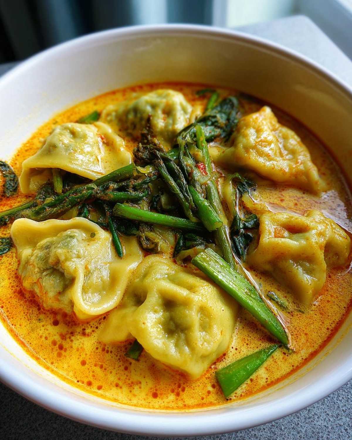 A close-up of a white bowl filled with vibrant coconut curry soup with dumplings and green vegetables.